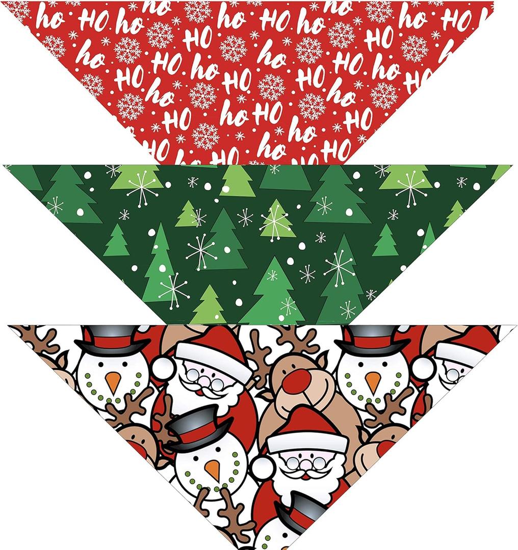 Christmas Bandanas for Dogs 3-Pack Snowflake, Tree, Santa, Reindeer, Snowman Winter Stocking Bandanna Handkerchief Gift for Puppies, Small, Large Breed or People (Christmas Pack 1, Large)