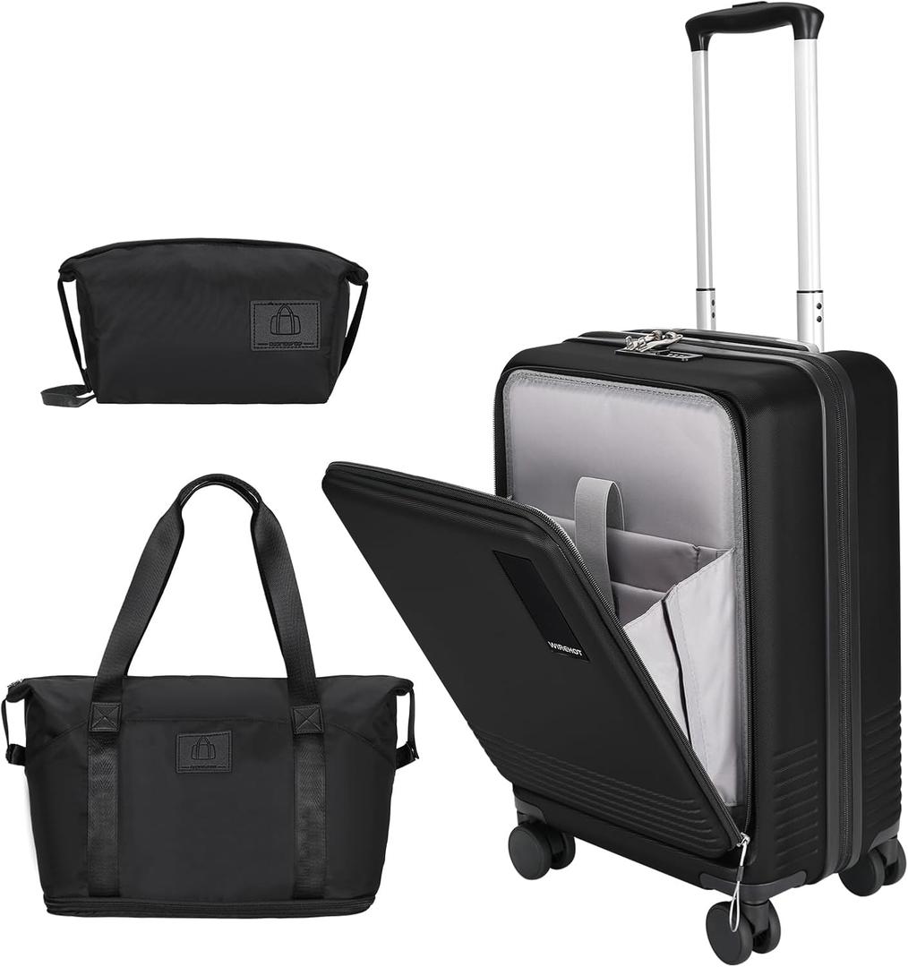 20 inch Small Carry On Luggage Front Open with Laptop Pocket, ABS+PC Hard Shell Suitcase with Spinner Wheels TSA Lock & YKK Zipper, 20in/Toiletry Bag/Handbag, Black (20in/TB/HB)