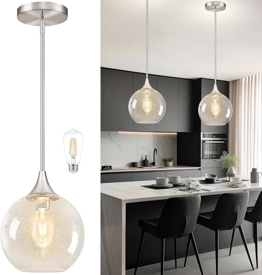 10" Clear Glass Modern Pendant Light Kitchen Island Mid Century Brushed Nickel Modern Pendant Lighting with Glass Globe Modern Hanging Pendant Light for Dining Room FoyerBulb Incl.
