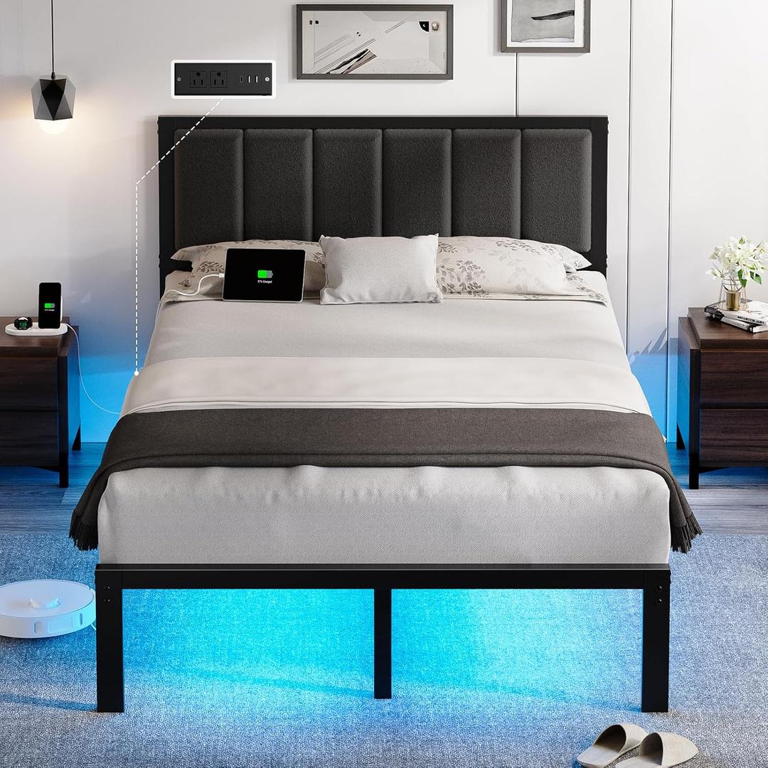 OLEVS Full Bed Frame with Headboard Metal Platform Bed Full Size with USB Charging Station and LED Lights, No Box Spring Needed