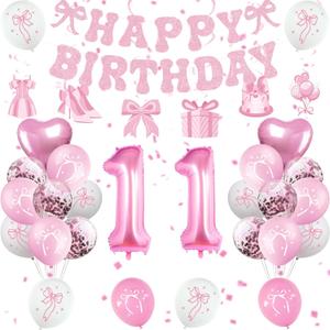 11th Birthday Decorations for Girls, Pink Bow Coquette 11 Birthday Balloons Set,33 Pieces, Includes Banner, Hanging Swirls, Balloons, Perfect for Girls' Party