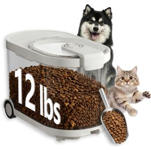 Airtight Dog Food Storage Container with Desiccant Chamber,Cat Food Storage with Timer,Wheels & Scoop,7 Liter,10-12 lbs/7 kg,for Small Dog,Cat & Bird Feed,Clear BPA-Free Slim Rolling Bin with Lid, Large