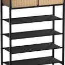 Shoe Rack, 5 Tier Shoe Storage Organizer with 2 Hand Woven Drawers, Metal Shoe Shelf for 16-20 Pairs of Shoes, with 4 Fabric Shelves and Woven Top, Shoe Stand for Closet Entryway, Rustic Oak