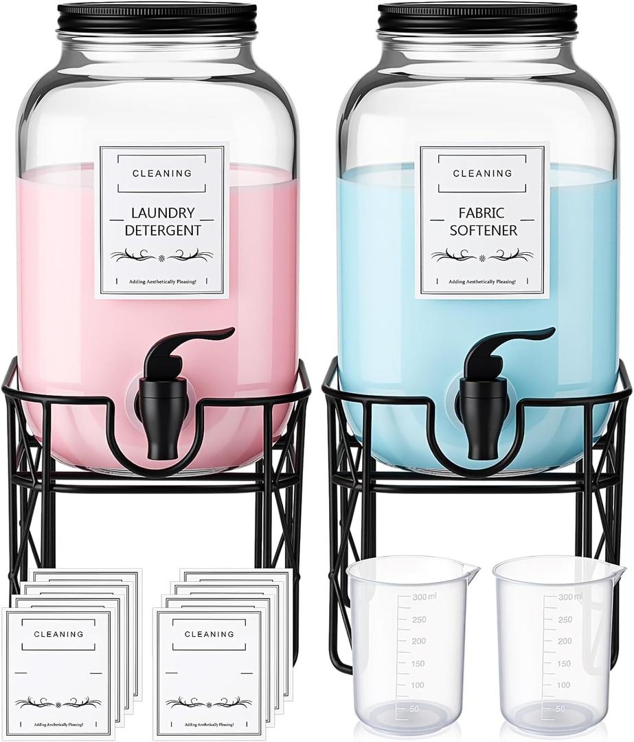 FillTouch 2 Pack 1 Gallon/128 oz Glass Laundry Detergent Dispenser, 3.8 L Liquid Soap Dispenser with Stand, Measuring Cup and Label, Fabric Softener, Liquid Bleach Container, Laundry Room Organization