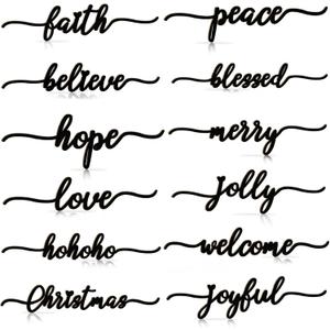 BORAMDO Christmas Wooden Letter Wall Sign Decor 12Pcs, Wooden Words Cutouts for Home Decorations, Table Plate Rustic Ornaments, Blessed Joyful Believe Welcome Merry Christmas Black Wooden Signs