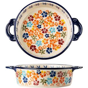 Colorful Cherry Blossom Flowers Vintage Style Ceramic Bakeware Dish Casserole Dish Baking Pan Lasagna Pans with Handles for Oven/Cooking/Kitchen, 1 PCS, 32 oz