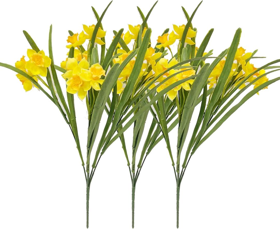 3 Pcs Artificial Daffodils Flowers Real Touch Fake Narcissus Flower 14.5in Silk Spring Fake Flowers Wedding Floral Decor Bouquet for Home Party Wedding Office Anniversary Indoor Outdoor Decor (Yellow)