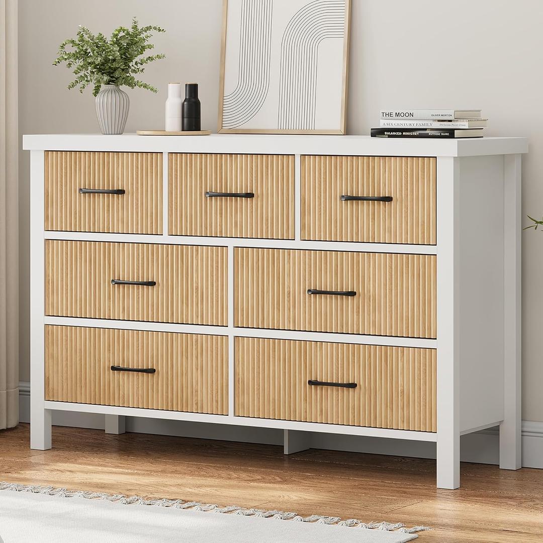White Dresser 7 Drawer Dresser for Bedroom, Modern Fluted Dresser with Solid Wood Legs, Long Double Wooden Dresser Large Chest of Drawers for Living Room, Entryway, Hallway (Wood Fluted) (15.4"D x 51.2"W x 32.5"H (7 Drawers))