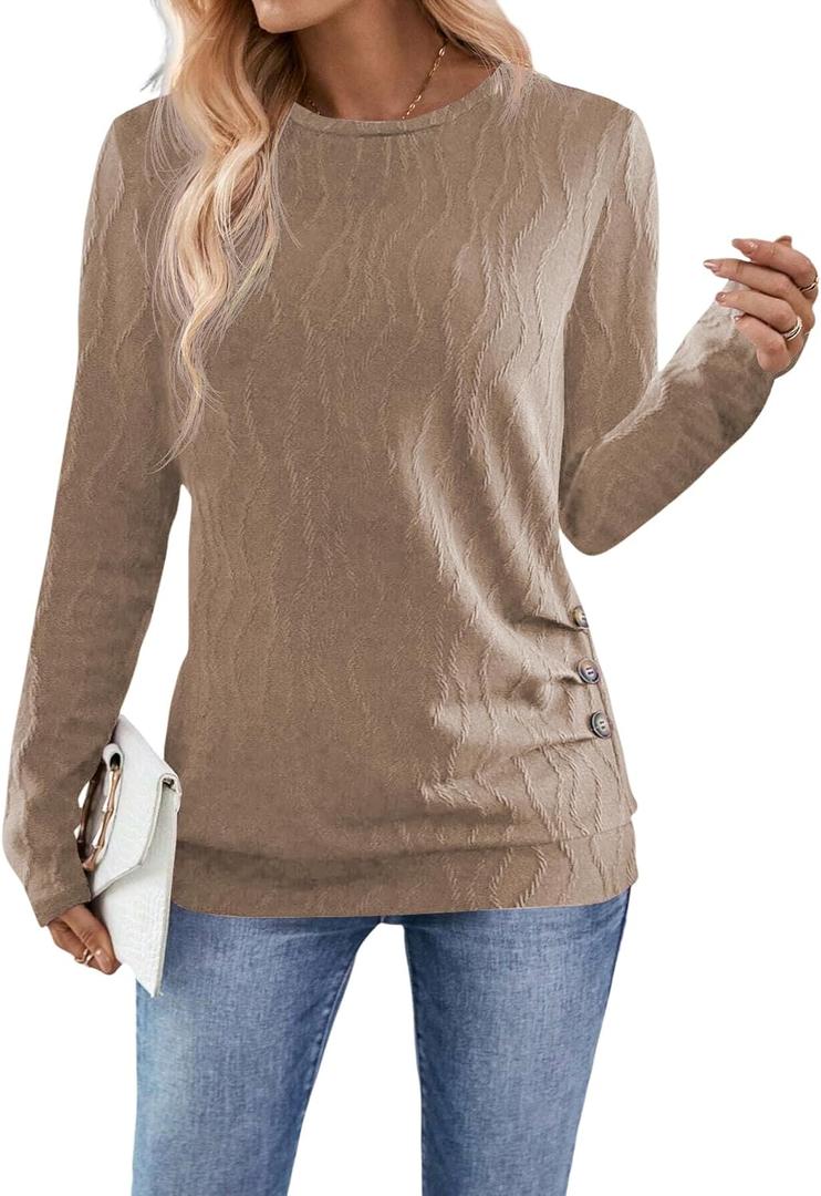 Samefar Womens Long Sleeve T Shirts Crewneck Fall Fashion 2025 Basic Business Casual Tops Tunics Clothing (Medium, Khaki)