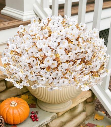 Fake Mums Artificial Fall Flowers Fake Plants for Outdoors Autumn Decor, 12 Bundles White Silk Morning Glory with Eucalyptus Look Real UV Resistant Faux Flowers for Outside Planters Front Door Yard