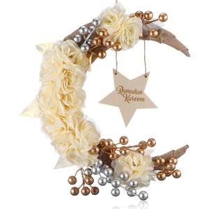 Lineshading Eid Ramadan Mubarak Wreaths Ramadan Decorations for Home Front Door Eid Decor Round Metal Hoop Floral Hanging Garland for Wall Window Indoors Outdoor Farmhouse Decor (Cute)