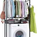 Xiofio Washer and Dryer Storage Shelf,Clothes Drying Rack,2 Tier Adjustable Height Storage Wire Basket with 2 Side Hook Laundry Shelves Used for Bathroom, Bedroom,Balcony,Black