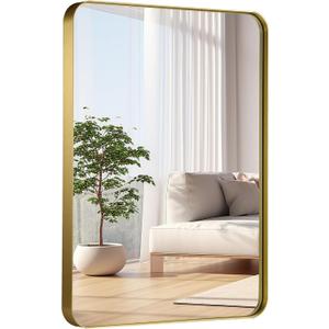 30x36 Inch Gold Bathroom Mirror, Brushed Metal Framed Rectangle Mirror with Rounded Corner, Gold Bathroom Vanity Mirror for Bedroom or Living Room, Horizontal/Vertical