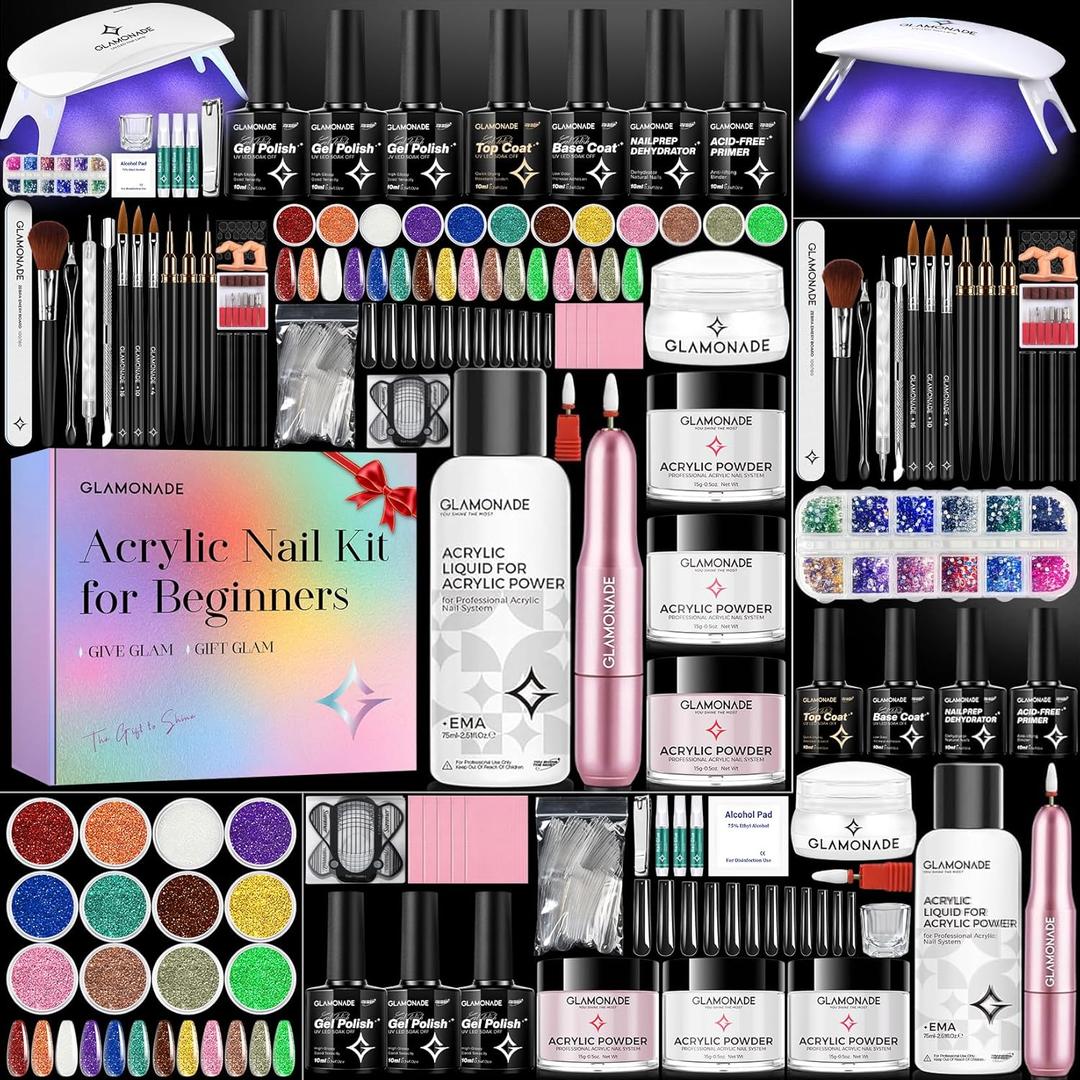 Glamonade Acrylic Nail Kit for Beginners: Professional Nail Set with Drill Acrylic Powder Gel Polish Nail Stamp for Home Starter Practice & DIY Manicure