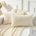 Kevin Textile Set of 2 Oblong Pillow Covers Plush Striped Corduroy Velvet Rectangular Lumbar Throw Pillow Case 12x20 Cushion Cover for Chair, 30 x 50cm, Creamy White