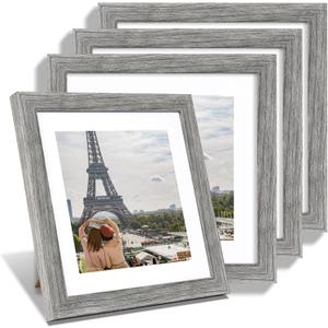 Hongkee 10x10 Picture Frame Set of 4, Made of Glass and Grey Wooden Frame - Display Picture 8x8 with Mat or 10 x 10 Without Mat, 10 by 10 Photo for Wall or Tabletop