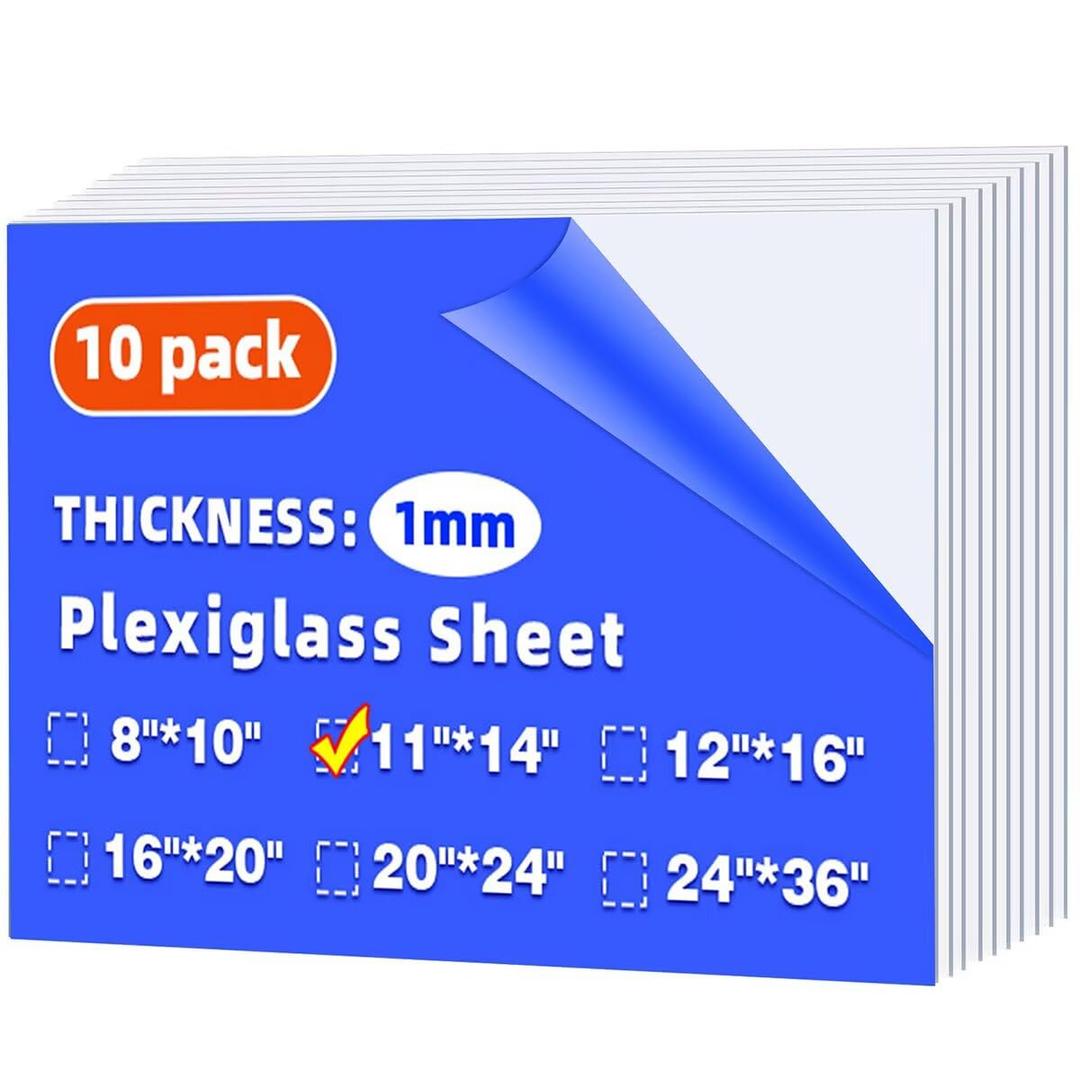 (10 Pack) 11" x 14" Plexiglass Sheets 1mm Thick, Clear Acrylic Sheets Panel Cut to Size Plexiglass Acrylic Board, Cut with Engraver, Power Saw or Hand Tools, No Laser Cut.