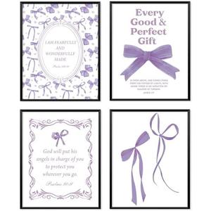 Locomiss Purple Christian Coquette Preppy Wall Art Posters, Preppy Girly Room Decor, Coquette Purple Bow Bible Verse Posters for Home Girls College Dorm Bedroom Decor, Set of 4 (8x10 Unframed)