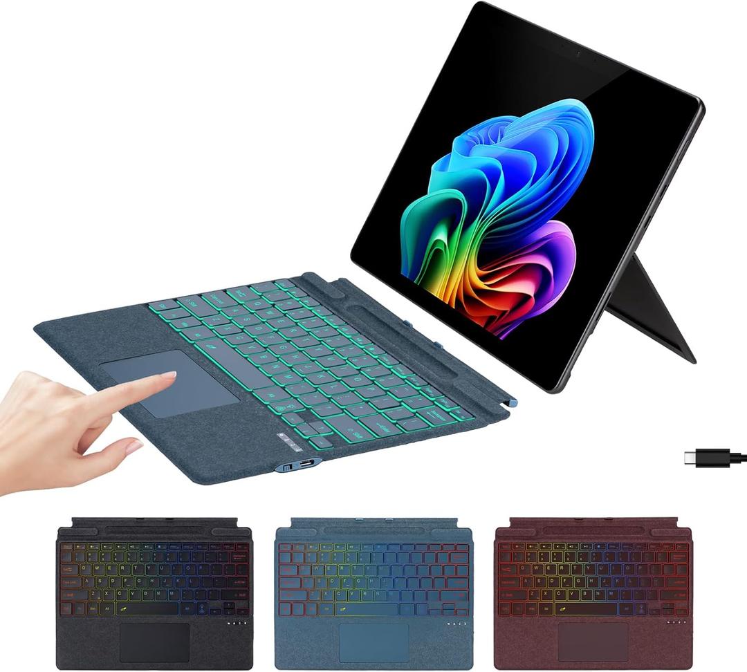Microfiber Leather Keyboard for Surface Pro 11/10/9/8/X, Bluetooth Keyboard Type Cover with Palm Rejection Touchpad, Pen Holder, Type-C Charging, 7-Color Backlight for Microsoft Surface Pro