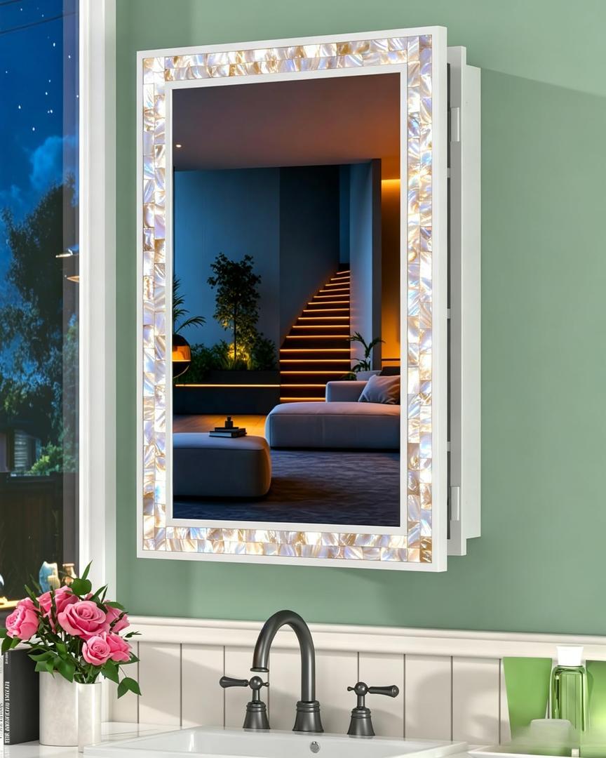 20x30 Inch White Surface Mount or Recessed Medicine Cabinet with Mirror for Bathroom, Hand-Inlaid Glittering Shell Vanity Mirror with Storage for Bedroom, Entryway, 3 Removable Shelves and Organizer