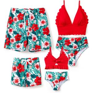 Family Matching Solid Scallop Trim Strappy Two-Piece Swimsuit and Allover Floral Print Swim Trunks Shorts (2T, Red White Flower)