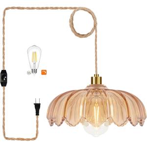 Plug in Pendant Light Hanging Lights with in Cord Mid Century Modern Gold Hanging Lamp Flower Glass Amber Vintage Dimmable Chandelier Ceiling Fixture for Living Room,Kitchen,Boho