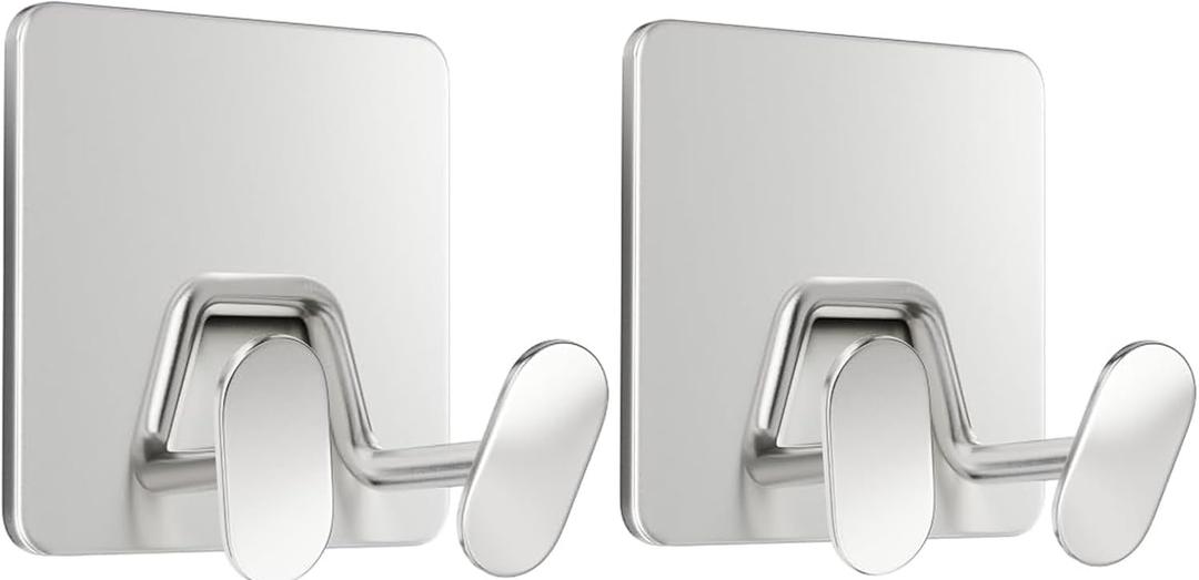 Adhesive Shower Hooks for Inside - Extra Sticky Stainless, Razor Holder Shower Accessories, Wall Mounted Self-Adhesive Double Hooks for Razor, Loofah, Towel, Shaver, Coat, Key, Silve, 2 Pack