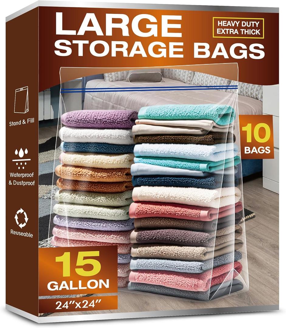 15 Gallon Large Storage Bags, 3.5 Mil Thick Clear Plastic Zipper Bags with Handles, 24" x 24" Large Heavy Duty for Home, Travel, and Moving (10 Packs) 15 Gallon Large Storage Bags, 3.5 Mil Thick Clear Plastic Zipper Bags with Handles, 24" x 24" Large Heavy Duty for Home, Travel, and Moving (10 Packs)
