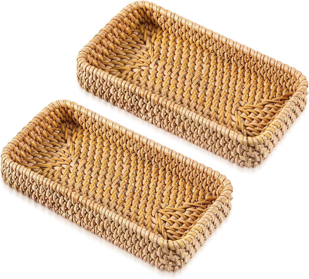 Wicker Storage Basket Rattan Tray Rectangular Wicker Basket Decorative Serving Tray Fruit Baskets Food Serving Holders for Storage Home Kitchen Restaurant Decor (8.2 x 4.3 x 1.6 inches)