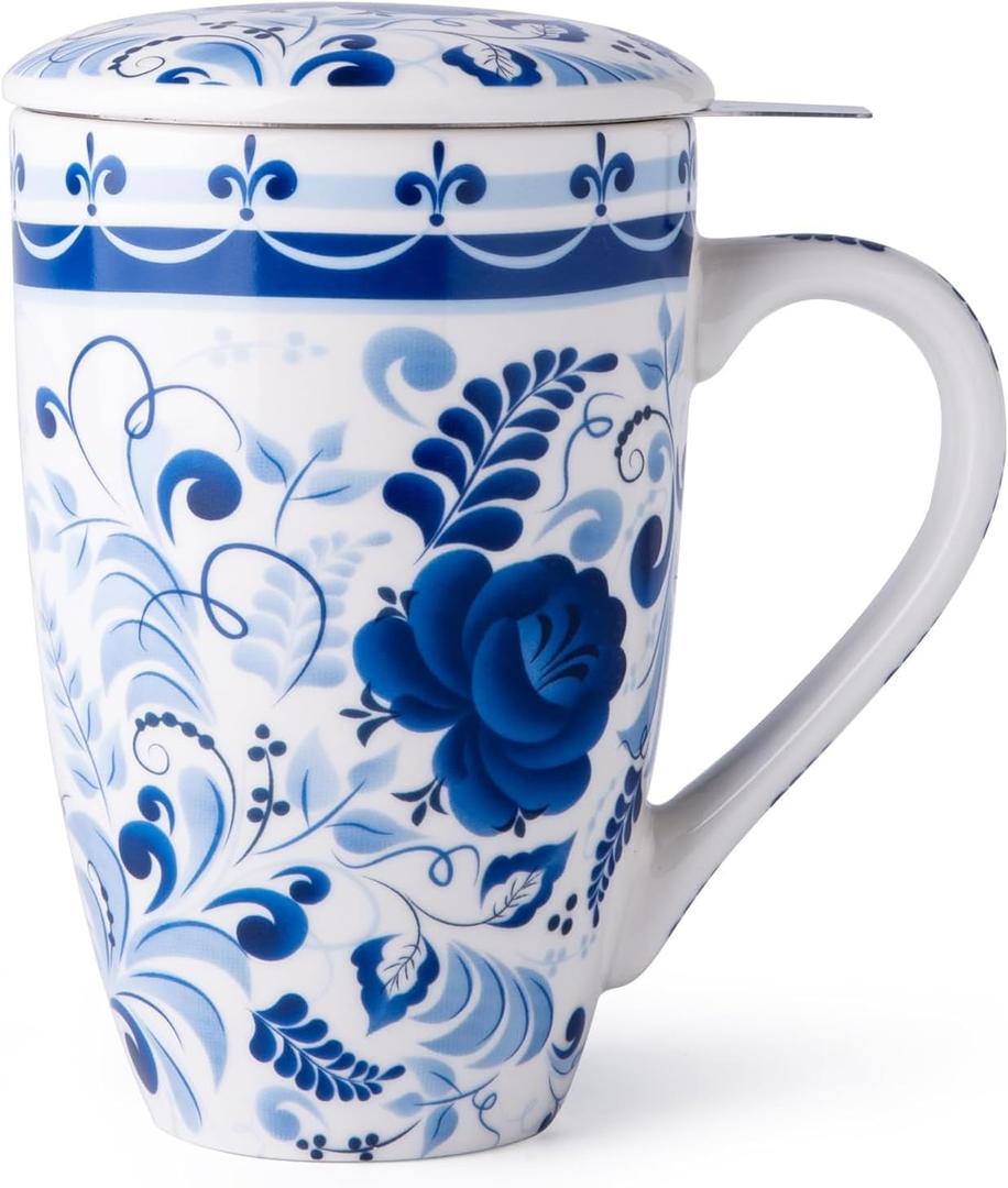 GBhome Tea Mug with Infuser and Lid, 18 Ounce Large Ceramic Loose Leaf Tea Cup, Microwave, Dishwasher Safe Tea Steeping Mug, Pefect Gift For Tea Lover. (Blue Rose)
