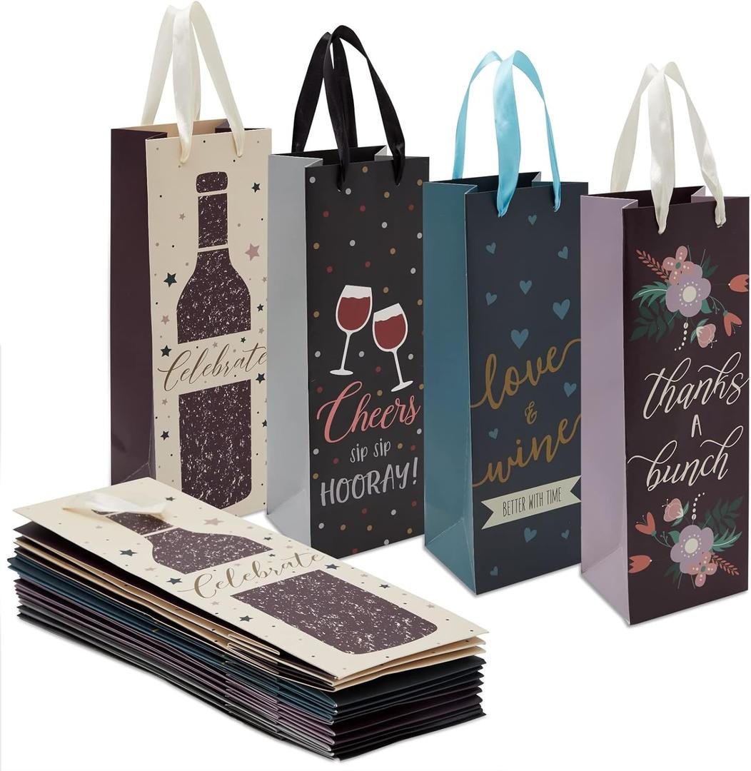 Juvale Wine Gift Bags - 12 Pack, 13.7 x 4.6 x 4 In, Multicolor Satin Ribbon Handles - Gift Bags for Bottles of Wine