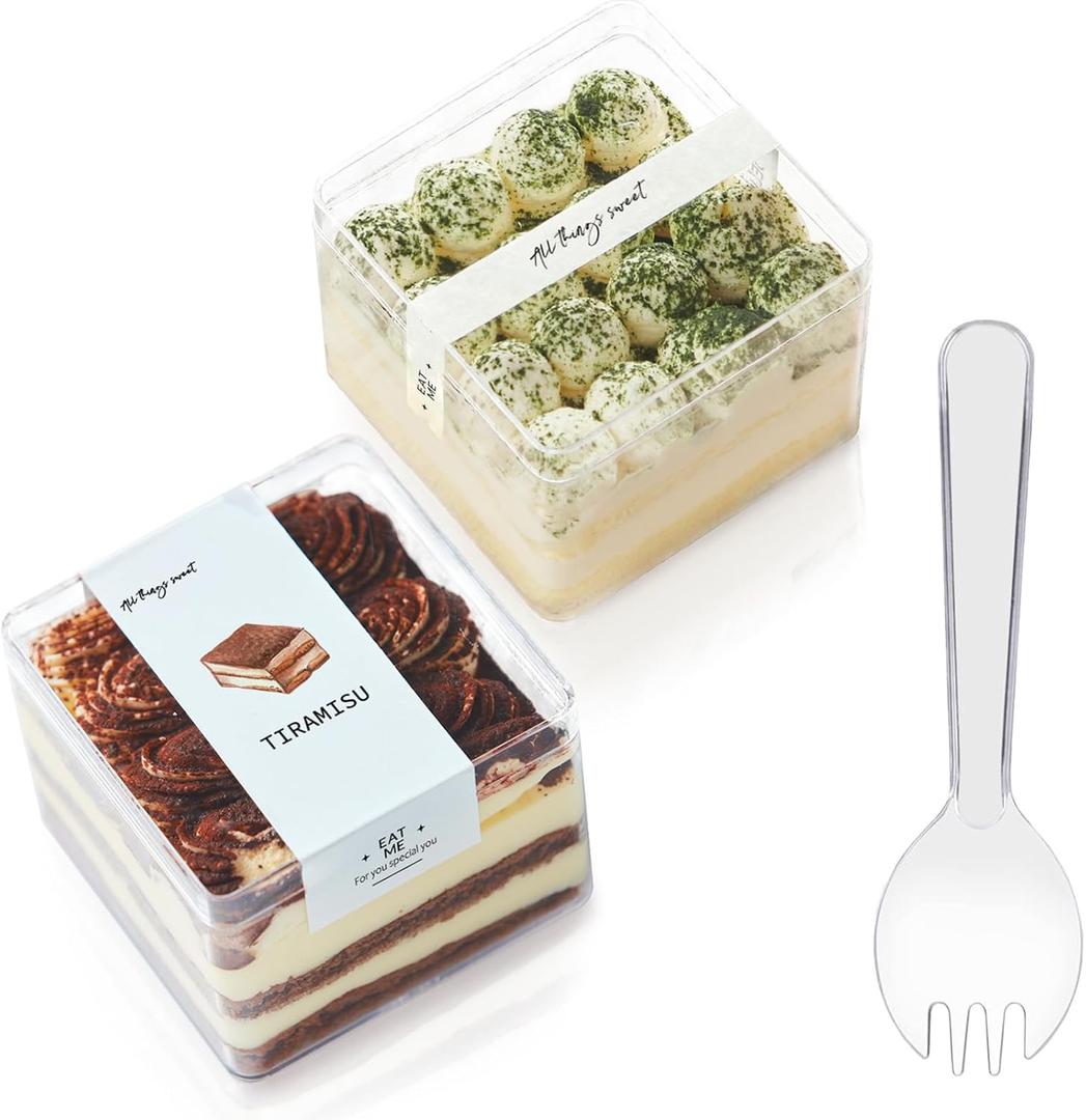 Plastic Square Dessert Cups Boxes with Lids and Sporks,packaging for baked,Cookie Tiramisu Containers for Fruit,Pudding,Mousse,Parfait Cups With Lids(20, 12oz 3.3 * 3.3 * 2.5in boxes+Sporks+Stickers)
