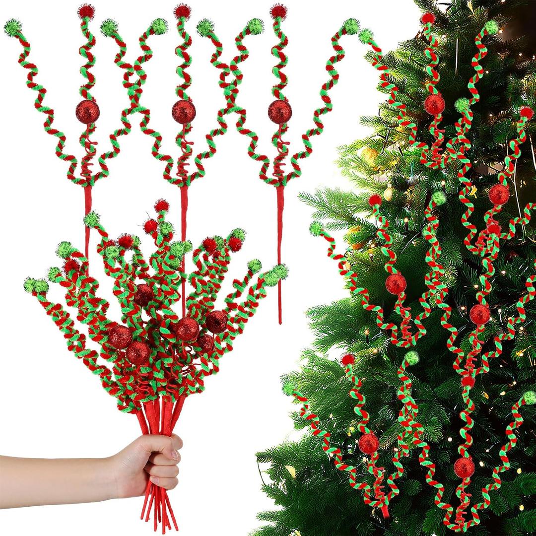 Moucuny 12 Christmas Tree Picks 16 Inch Lime Green and Red Xmas Spiral Curly Stems with Glitter Balls Christmas Tree Topper Whimsical Holiday Decor for Xmas Ornaments Home Wreaths DIY Crafts