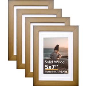 KINLINK 5x7 Picture Frame Brown, Solid Wood Frames with Acrylic Plexiglass for 3.5x5/4x6 with Mat or 5x7 without Mat, Tabletop and Wall Display Photo Frame Set of 4
