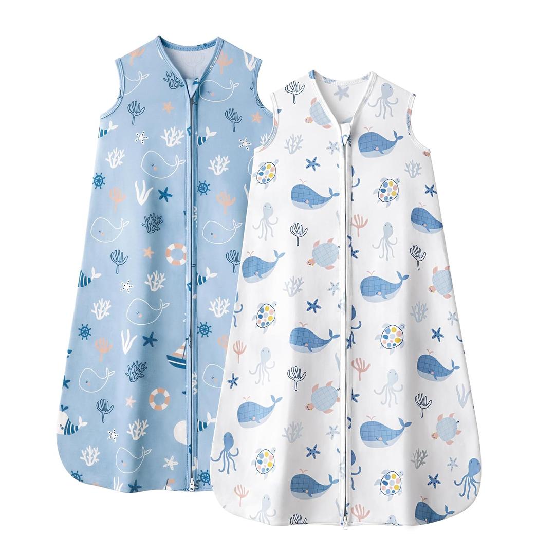 Baby Sleep Sack 12-18 Months, 0.5 TOG Wearable Blanket for Baby Boy and Girl, 2-Way Zipper Toddler Sleeping Bag 2 Pack, Lightweight Sleep Sacks Blue Whale, Large