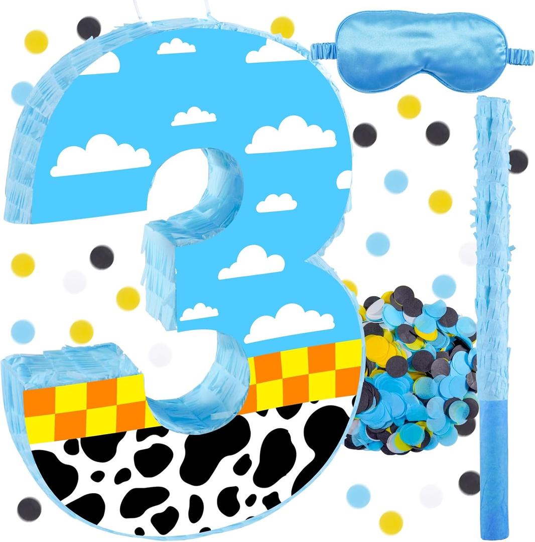 16 Inch Number 3 White Cloud Pinata with 16 Inch Piata Stick Blindfold Confetti for Boy Girl Kids 3rd Birthday Party Decorations (3rd)