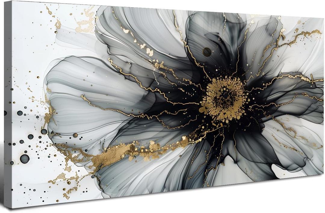 Black and White Gold Wall Art Abstract Flower Wall Decor Black and Gold Picture for Living Room Modern Office Home Decorations Minimalist Modern Marble Canvas Painting Prints Poster Artwork 20x40