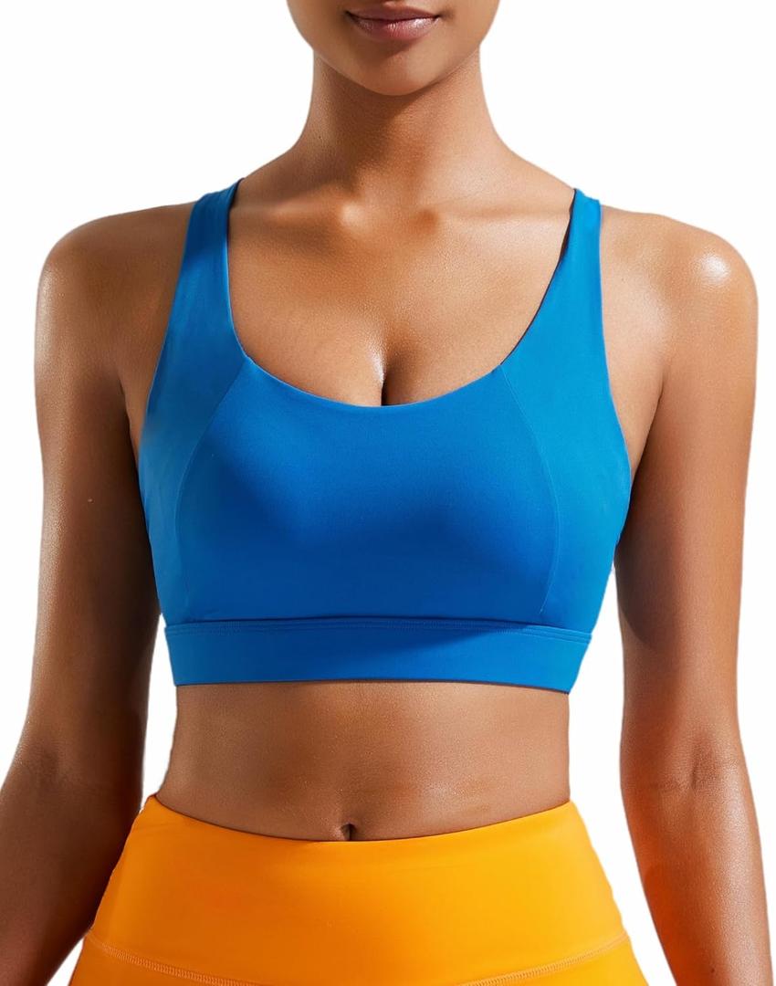 RUNNING GIRL High Impact Sports Bras for Women, High Support Running Strappy Women's Sports Bra with Sewn in Pads (Blue, M)
