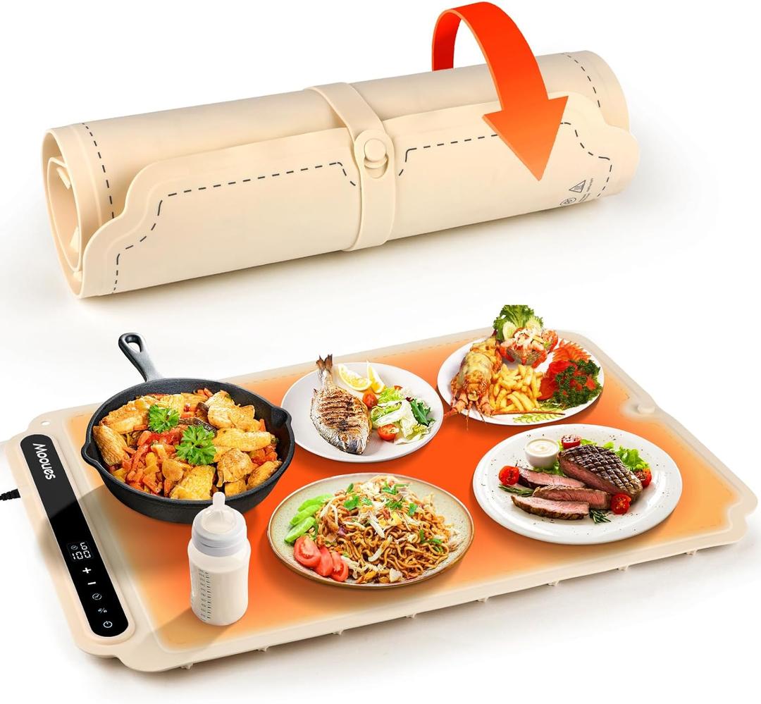 Warming mat for Food, Food Warmer Mat, Portable Silicone Food Warming Mat, Versatile Full Surface Heating Food Warmer with 7 Level Temperature and 6 Hours Timer for Home Dinner (Cream Color)
