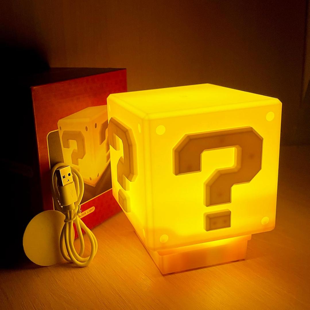 Super Bros Question Block Lamp,Square LED Night Light with USB Cable,Table Lamp with Play Game Coin Sound Effect,Bedside Lamp Decor Toy Gift for Boy Girls