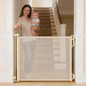 Retractable Safety Baby Gate or Mesh Dog Gate,Durable Portable Mesh Retractable Gate,Easy to Use for Stairs, Doorways, Hallways, Indoor, Outdoor, 33.5" Tall, Up to 45" Wide, Cream