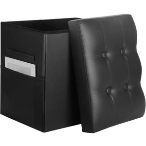 Storage Ottoman Foot Rest Stool with Thicker Foam Padded Seat. Slim Tall Folding Leather Small Ottoman with Storage Furniture for Dorm Living Room Bedroom Coffee Table 350 lbs, 17x13x17in, Black