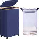 efluky Laundry Basket with Wheels, Tall Rolling Laundry Hamper with Lid and Removable Bag, Aesthetic Dirty Clothes Hamper on Wheels for Laundry Room, Bedroom, Dorm and Bathroom, 100L Blue