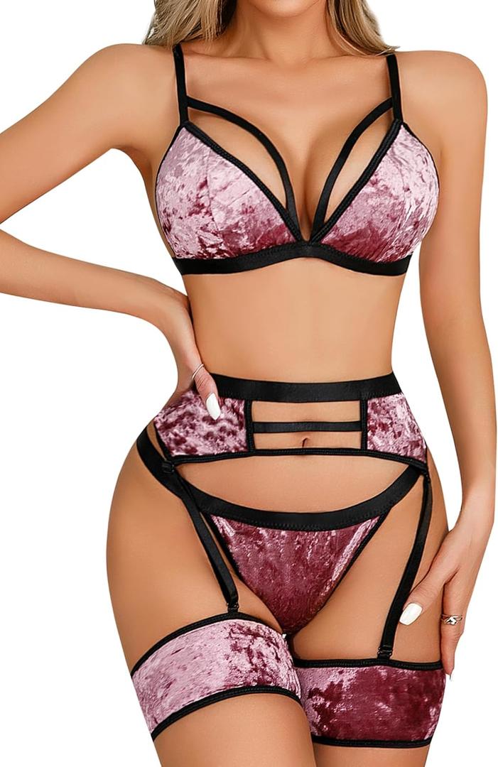 popiv Women's Sexy Lingerie Set with Garter Belt Matching Bra and Panty Lingeries Sets 4 Piece (Large, Velvet Pink)