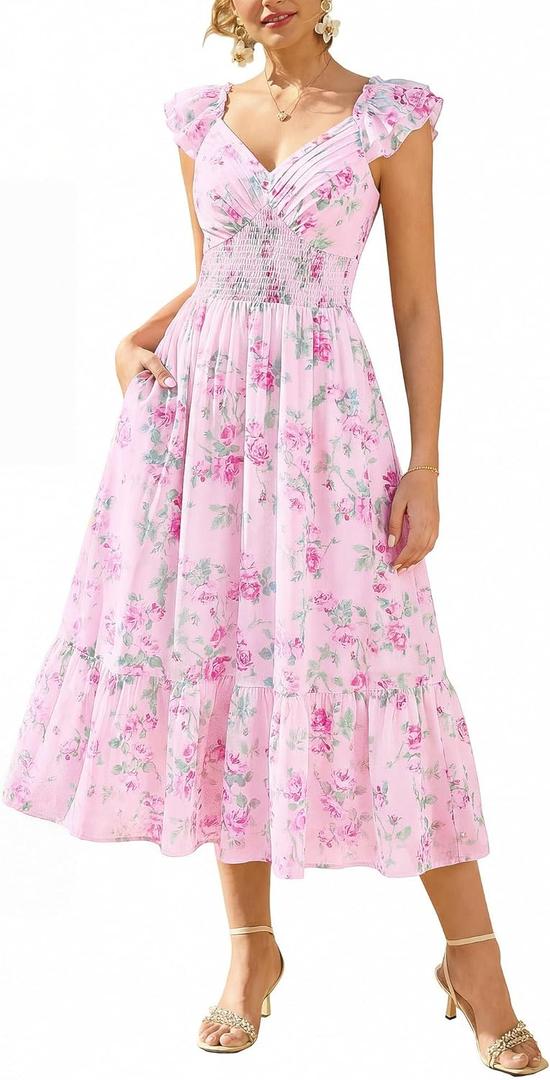 GRACE KARIN Women's Summer Floral Maxi Dress 2026 Ruffle Sleeve Smocked Sundress Flowy Wedding Guest Long Dresses with Pocket, Large