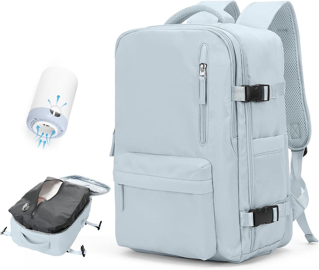 Vacuum Travel Backpack with Pump for Women, Personal Item Carry on Backpacks Flight Approved 18x14x8 inches for Men,Laptop Waterproof Work Compression bags Casual Daypack,Blue