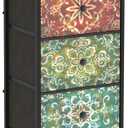 GiftGo Retro Dresser with Fabric Drawers Boho Mandala Flower Chest of Drawers Narrow Storage Tower for Small Spaces Gaps Bedroom Beautiful Nightstand Living Room Table (Mandala, 5 Drawers)