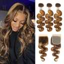 Honey Blonde Highlight Body Wave 3 Bundles With Closure Human Hair 14 16 18+14