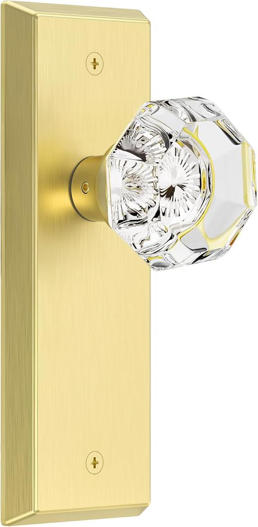 Glass Door Knobs for Interior Doors - Vintage Crystal Passage Closet & Hallway Door Knob - Diamond Cut Door Handle - Brushed Bold Finish (1 Pack)