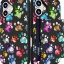 IWONE Compatible for iPhone 16 Case Cute with Card Holder Shockproof Slim Slot Phone Wallet Cover for Women/Colorful Doodle Paws Dog Craws Footprints Animal Watercolor, Pack 4